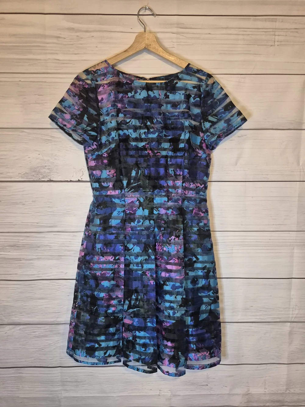 Tahari ASL Blue Multi-Color Striped Floral Burnout Fit & Flare Dress Size 6 - Picture 3 of 12